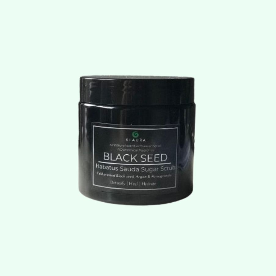Black container of Klaire Labs Black Seed Sugar Scrub on a white background